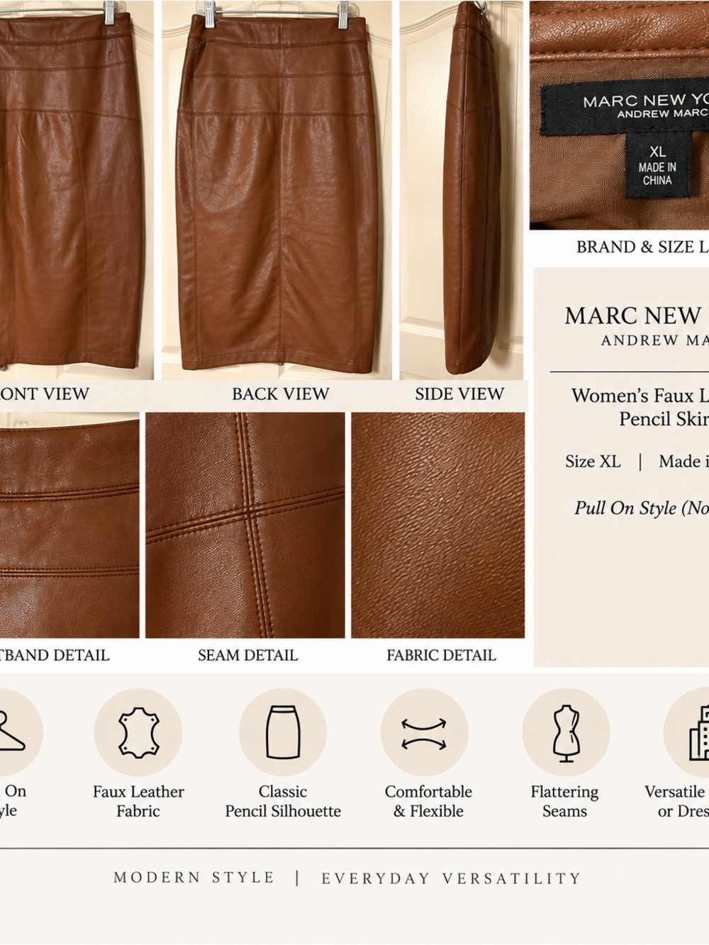 Marc New York Camel Brown Faux Leather Pencil Skirt